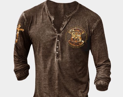 Men's retro button printed long-sleeved T-shirt